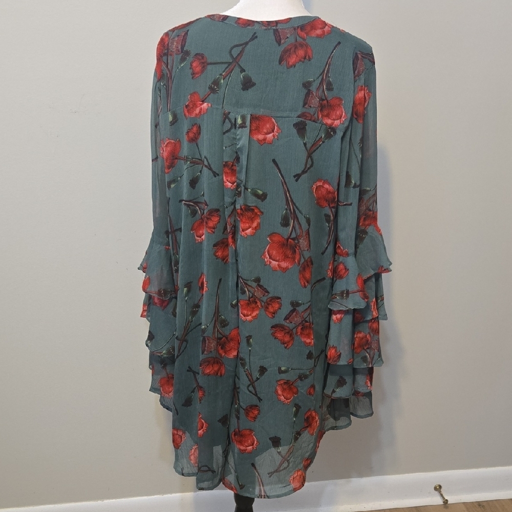 Umgee Red and Green Asymmetrical Bell Sleeve Mini Dress - Picture 10 of 10